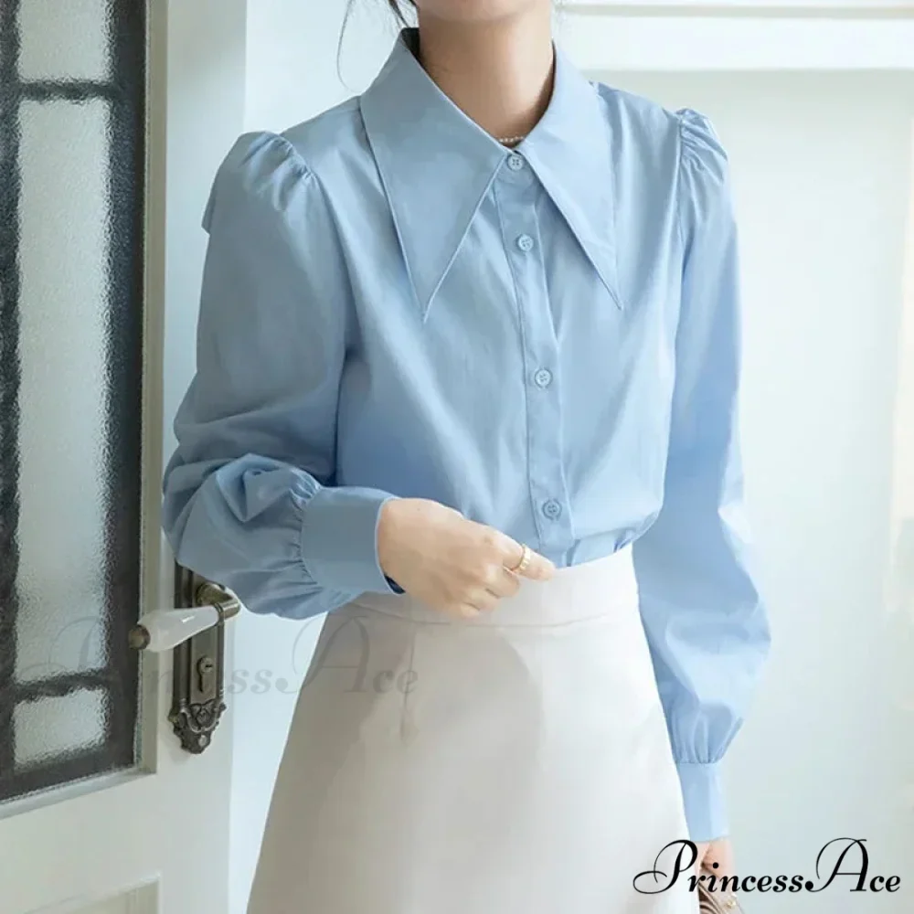 Stylish Puff Sleeve Folded Collar White Blouse - Image 5