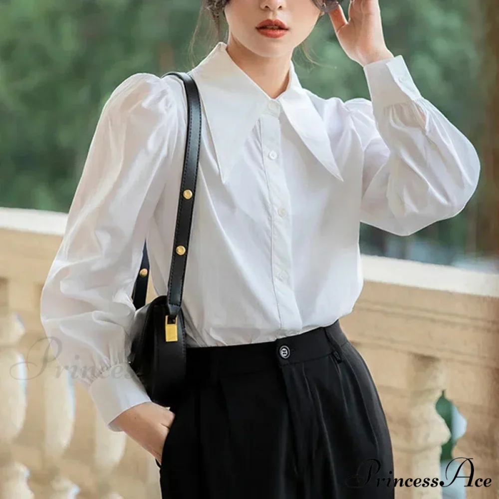 Stylish Puff Sleeve Folded Collar White Blouse - Image 7