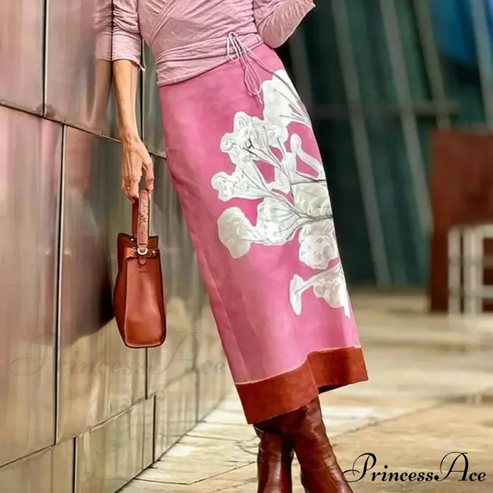 Stylish Rose Floral Printed Mid Waist Slit Midi Pencil Skirt - Image 2