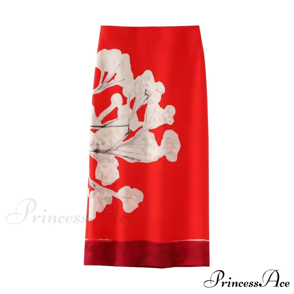Stylish Rose Floral Printed Mid Waist Slit Midi Pencil Skirt - Image 3