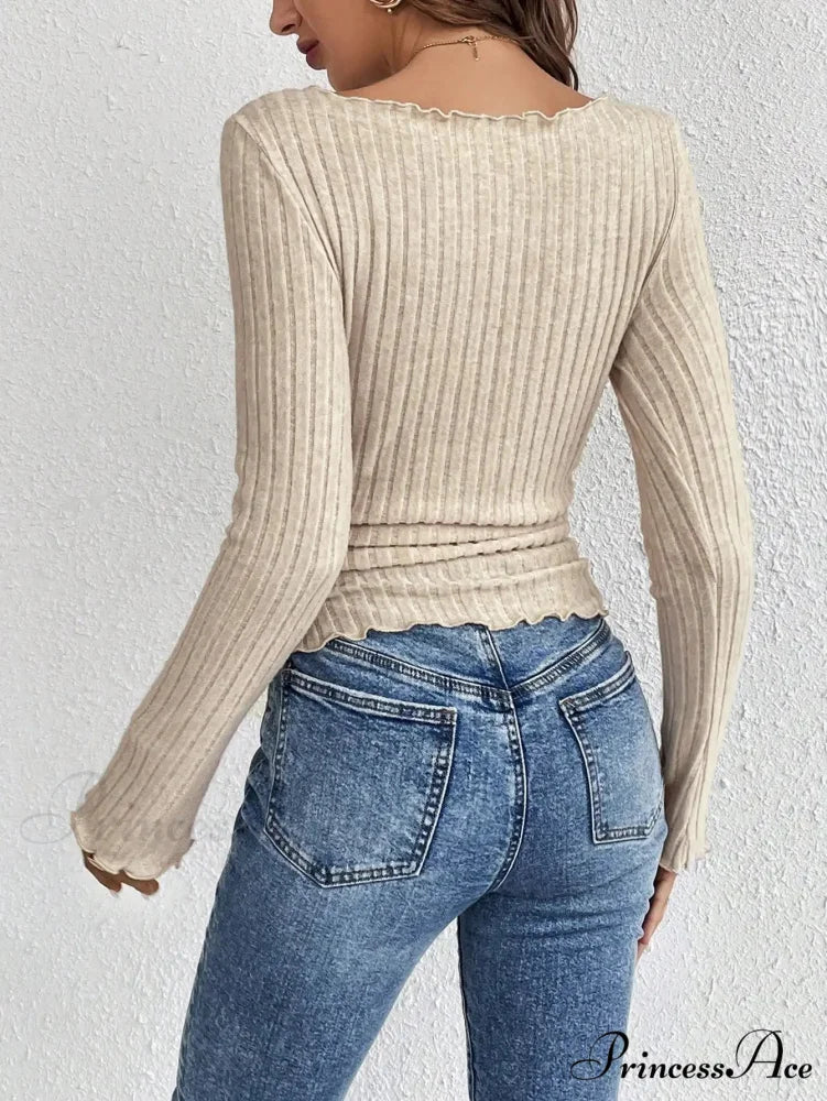 Stylish Round Neck Timber Ear Edge Long Sleeve Knit Top - Image 2