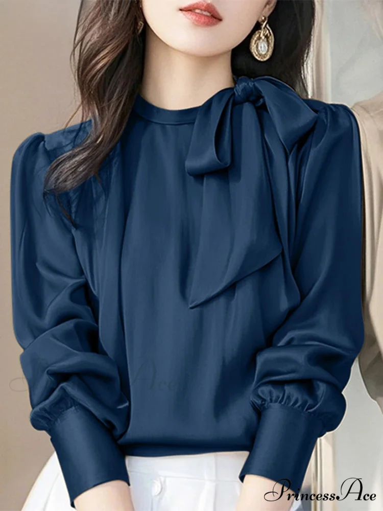 Stylish Silk Bowtie Collar Blouse Work Blouse - Image 3