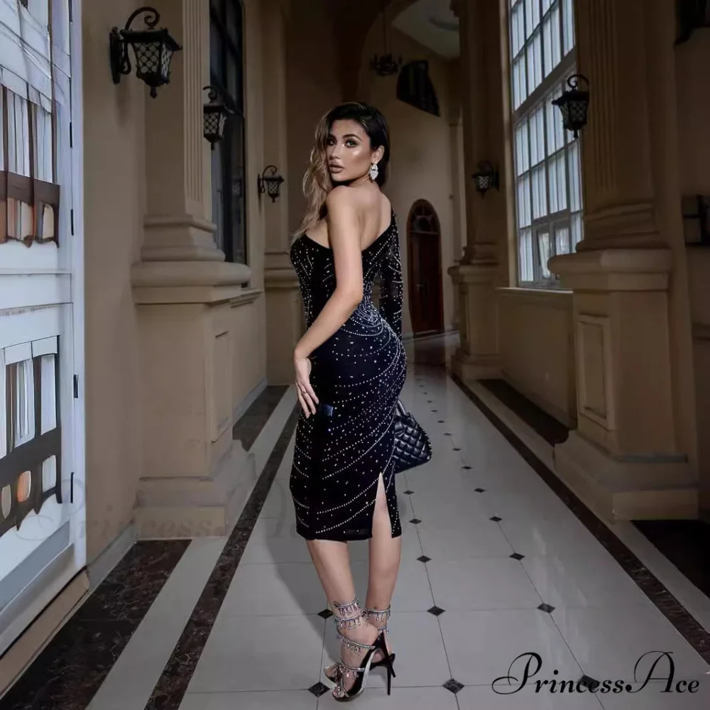 Stylish Single-Shoulder Crystal Slimming Gown Prom Gown - Image 3