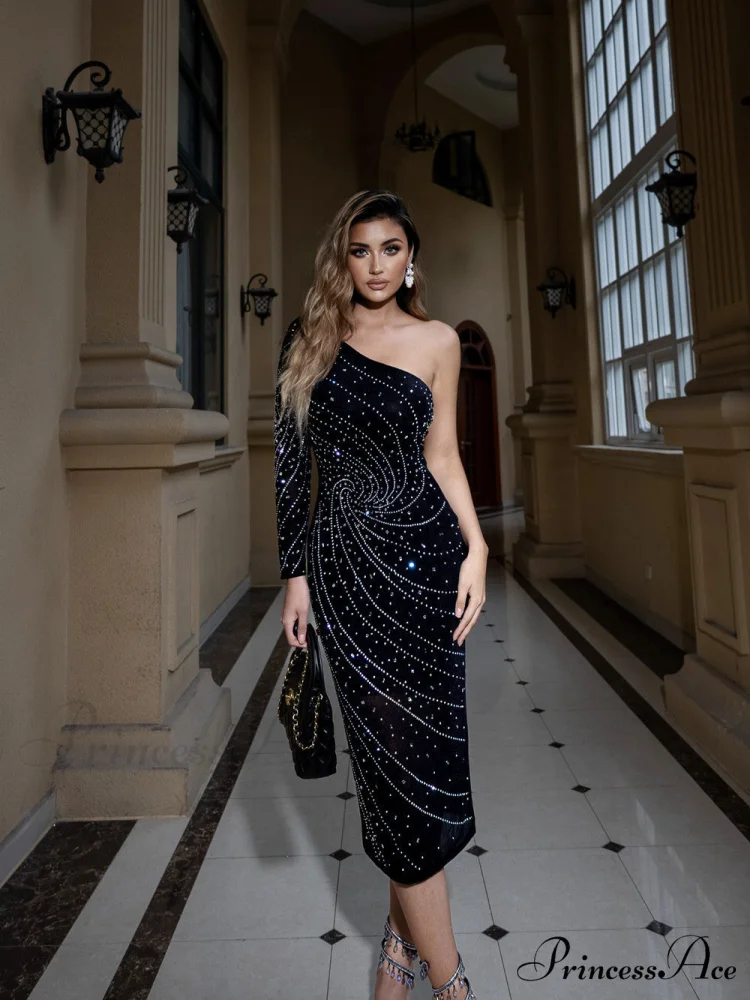 Stylish Single-Shoulder Crystal Slimming Gown Prom Gown - Image 4