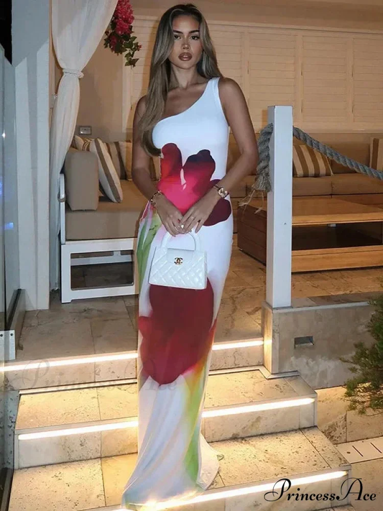 Stylish Single Shoulder Open Back Long Floral Gown - Image 2