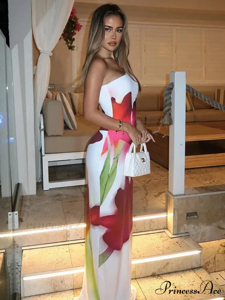 Stylish Single Shoulder Open Back Long Floral Gown - Image 3