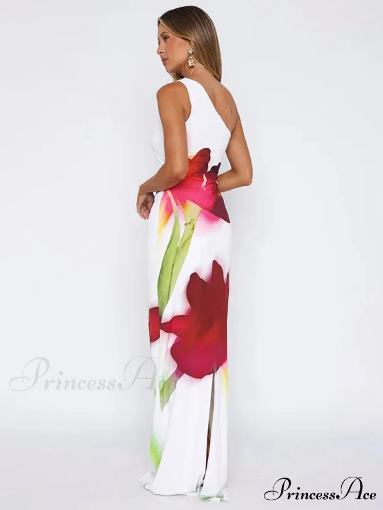 Stylish Single Shoulder Open Back Long Floral Gown - Image 6