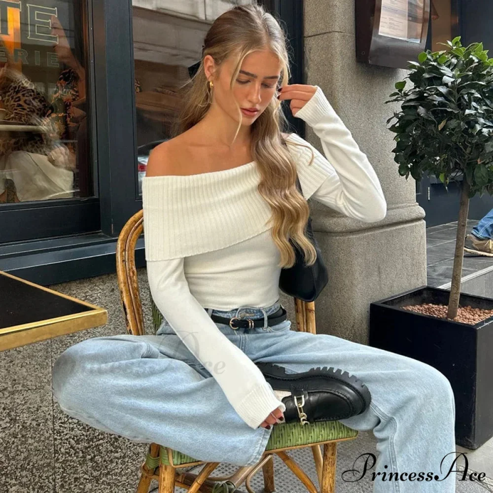 Stylish Slash-neck Ribbed Crop Top Sweater - Image 2