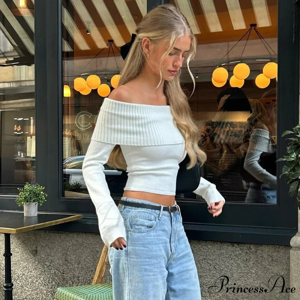 Stylish Slash-neck Ribbed Crop Top Sweater - Image 3