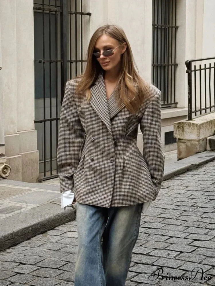 Stylish Tartan Printed Lapel Coat - Image 3