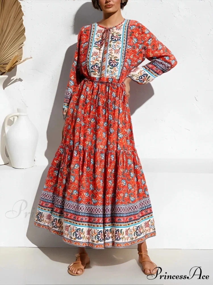Stylish Tie-up Flower Pattern Bohemian Dress - Image 2