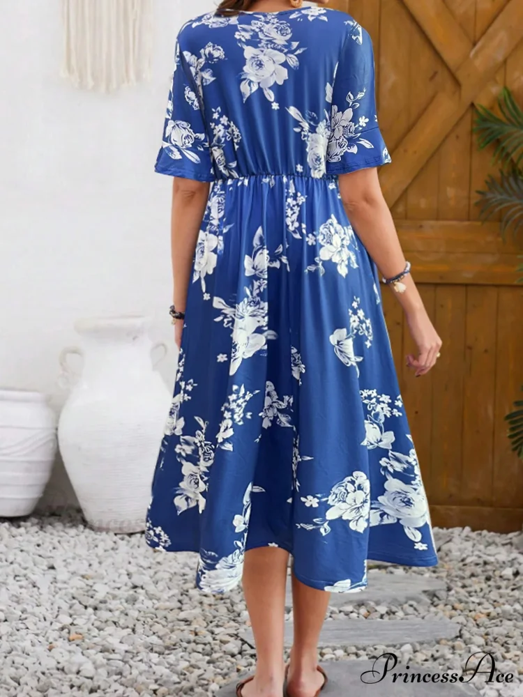 Stylish Trendy Printed Circular Neck Short Sleeve Floral Dress - Image 2