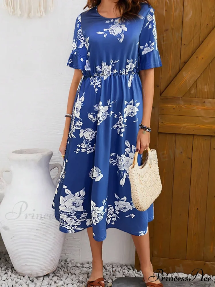 Stylish Trendy Printed Circular Neck Short Sleeve Floral Dress - Image 3