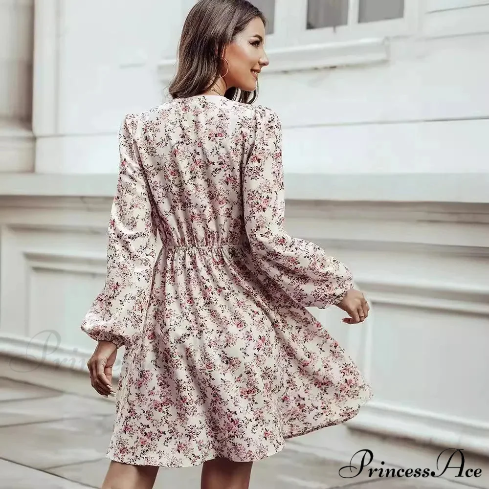 Stylish V-Neck Floral Mini Chiffon Dress - Image 2