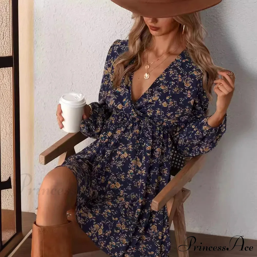 Stylish V-Neck Floral Mini Chiffon Dress - Image 3