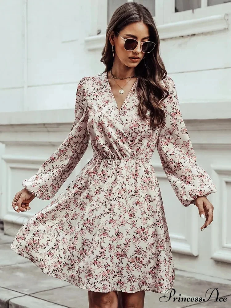 Stylish V-Neck Floral Mini Chiffon Dress - Image 6
