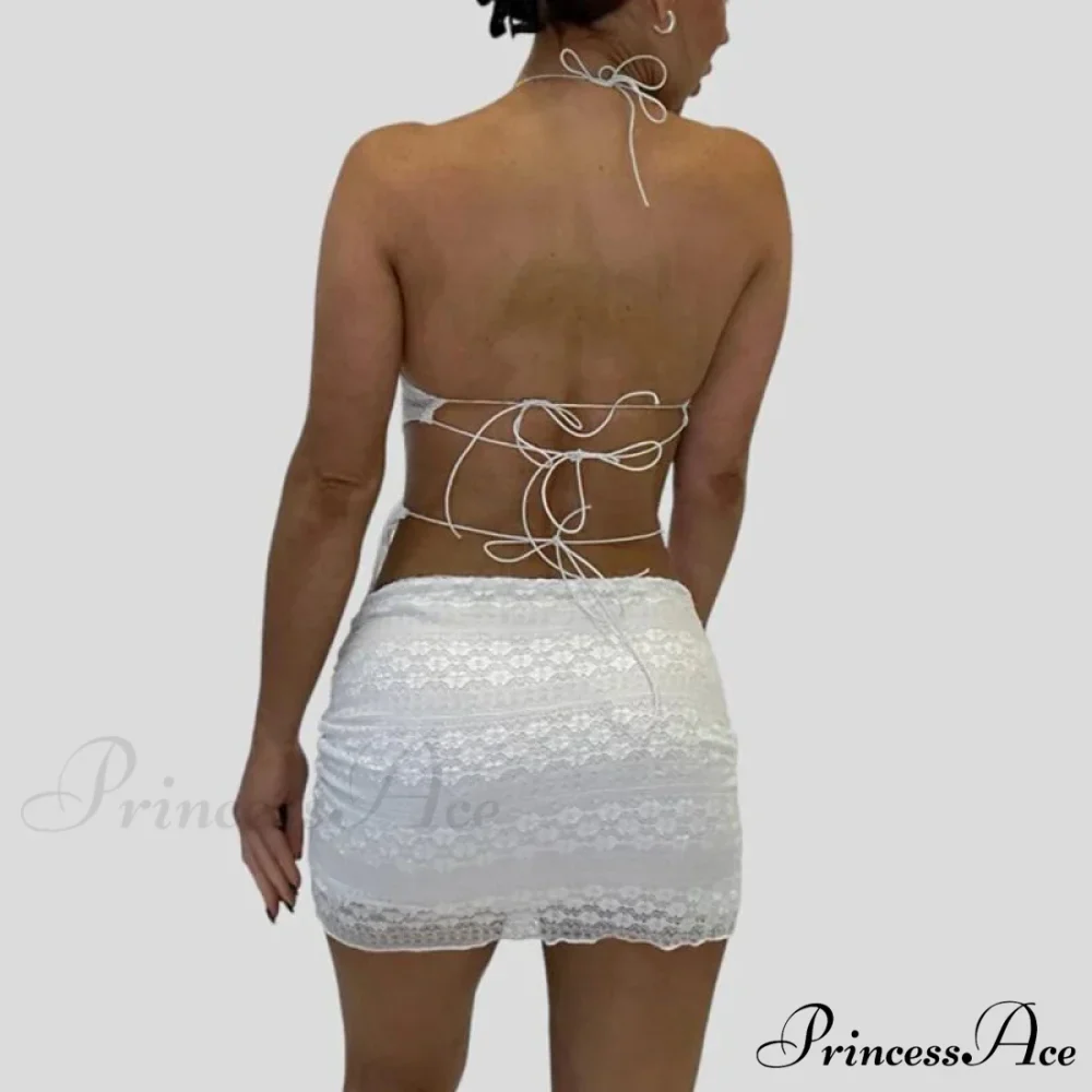 Stylish V Neck Halter Fasten Bandage Crop Top Mini Pencil Skirt Two Pieces Set - Image 2