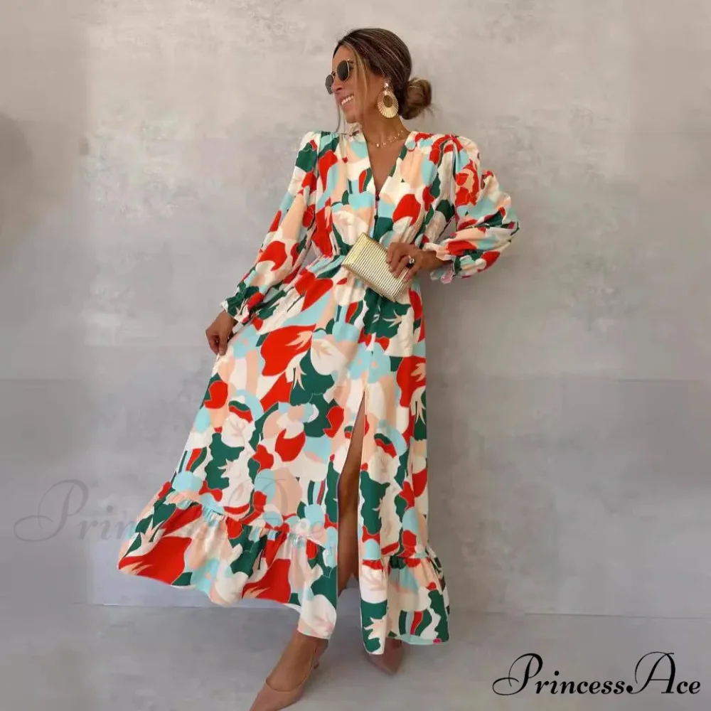 Stylish V-neck Patterned Floral Dress - Image 2