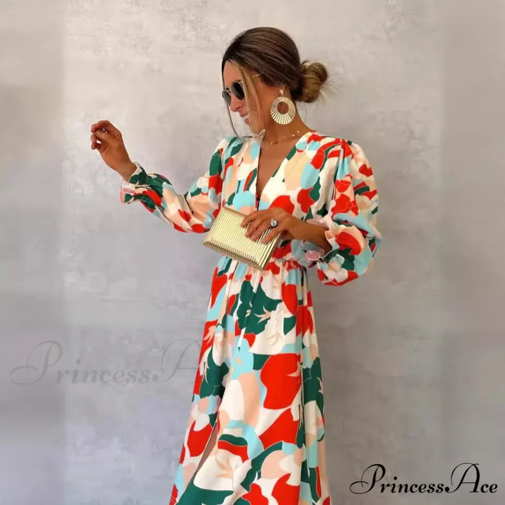 Stylish V-neck Patterned Floral Dress - Image 3