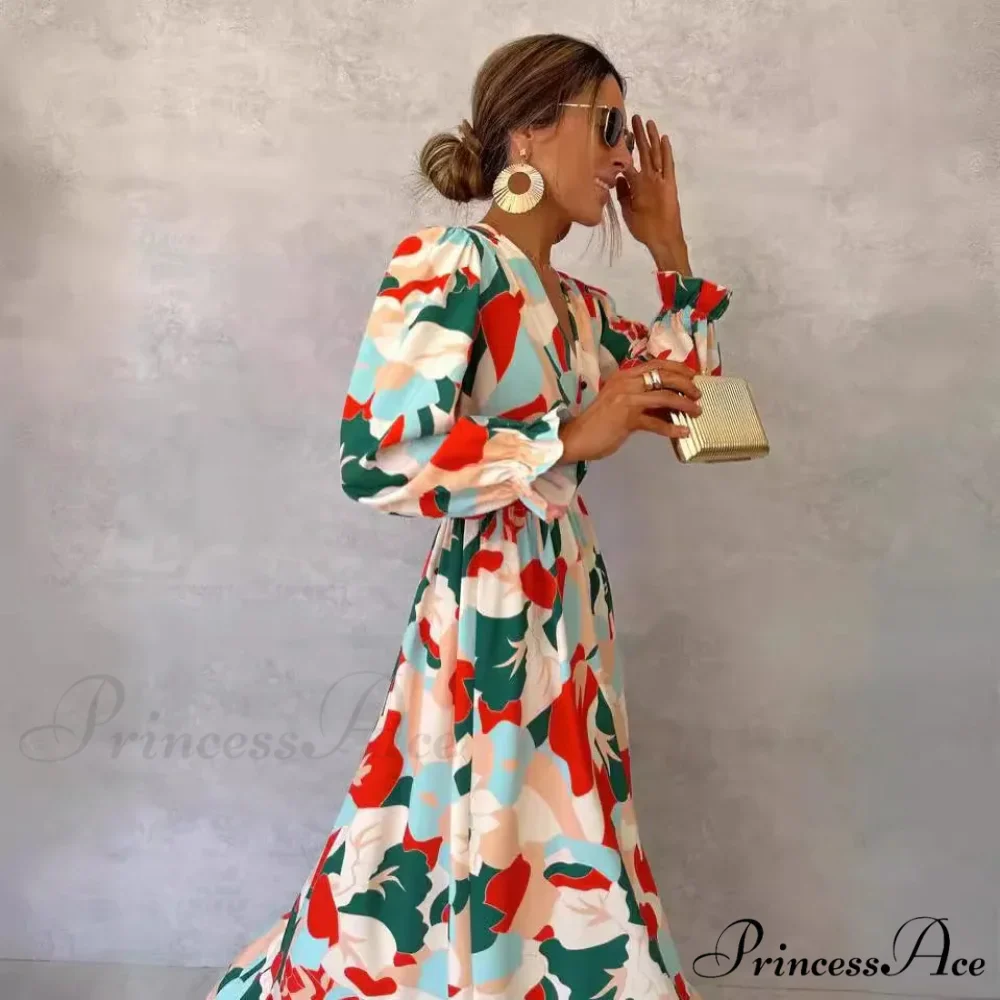 Stylish V-neck Patterned Floral Dress - Image 4