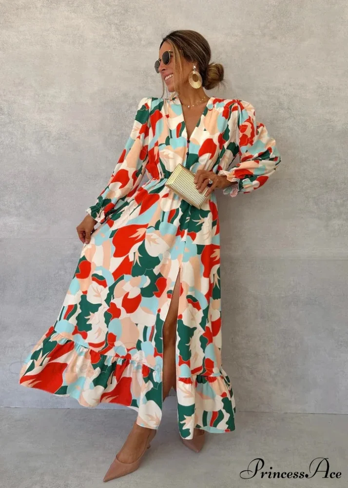 Stylish V-neck Patterned Floral Dress - Image 5