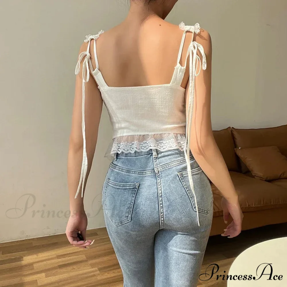 Stylish Vintage Lace Trim Bow Open Back Crop Top - Image 4