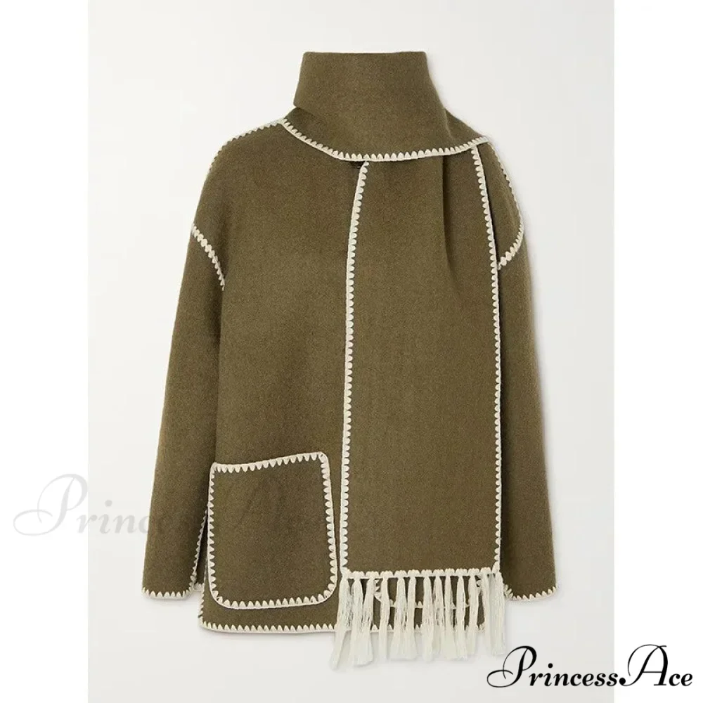 Stylish Woolen Coat With Scarf Fringes Overcoat - Image 10