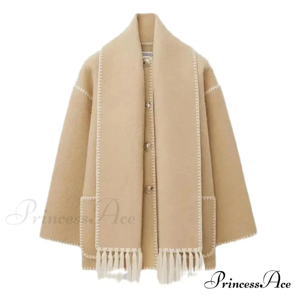 Stylish Woolen Coat With Scarf Fringes Overcoat - Image 11