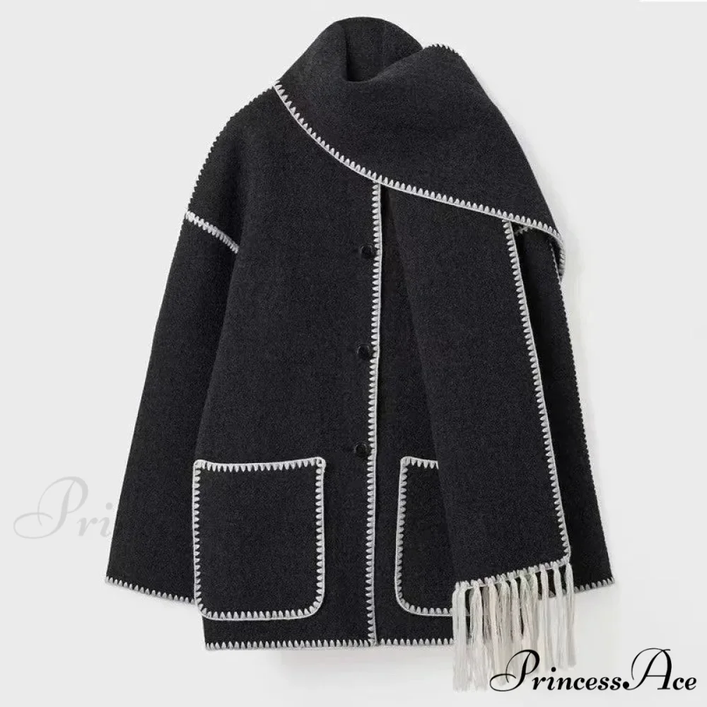 Stylish Woolen Coat With Scarf Fringes Overcoat - Image 12