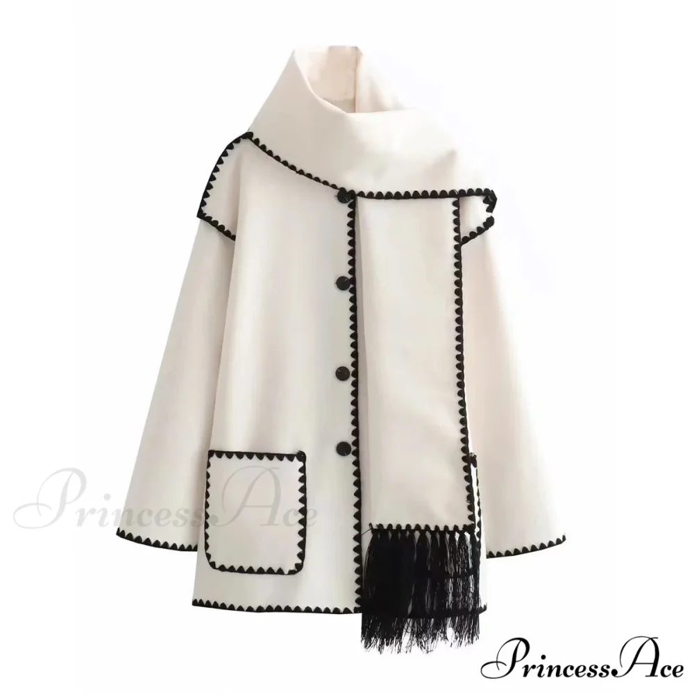 Stylish Woolen Coat With Scarf Fringes Overcoat - Image 13