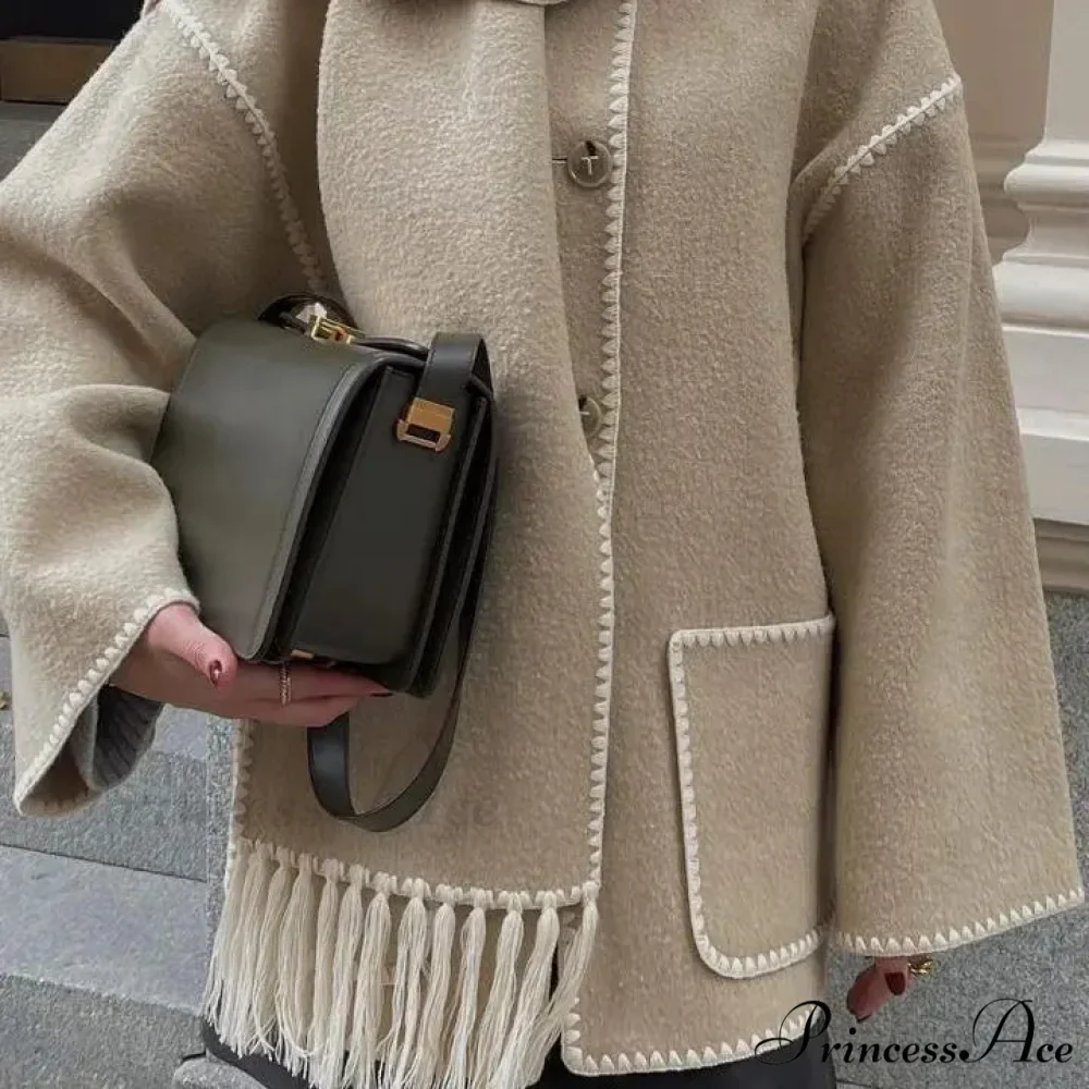 Stylish Woolen Coat With Scarf Fringes Overcoat - Image 2