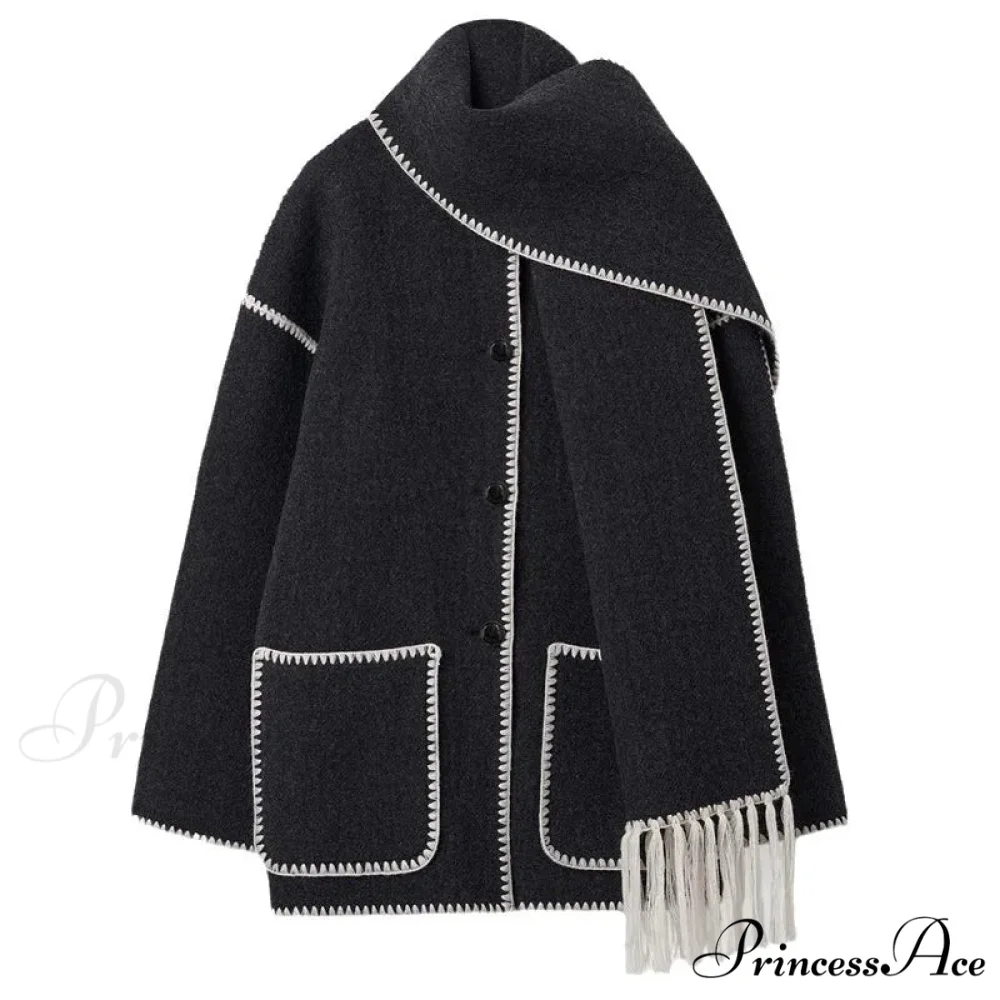 Stylish Woolen Coat With Scarf Fringes Overcoat - Image 3