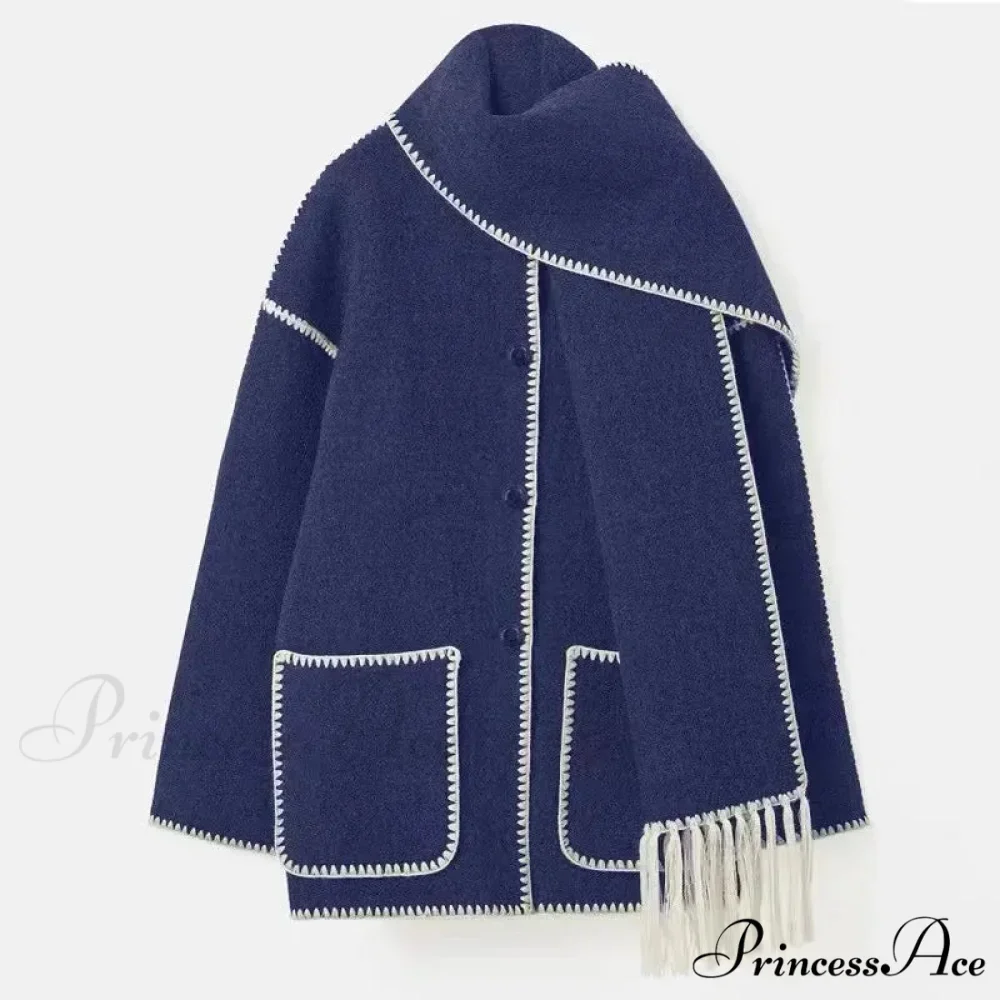 Stylish Woolen Coat With Scarf Fringes Overcoat - Image 4