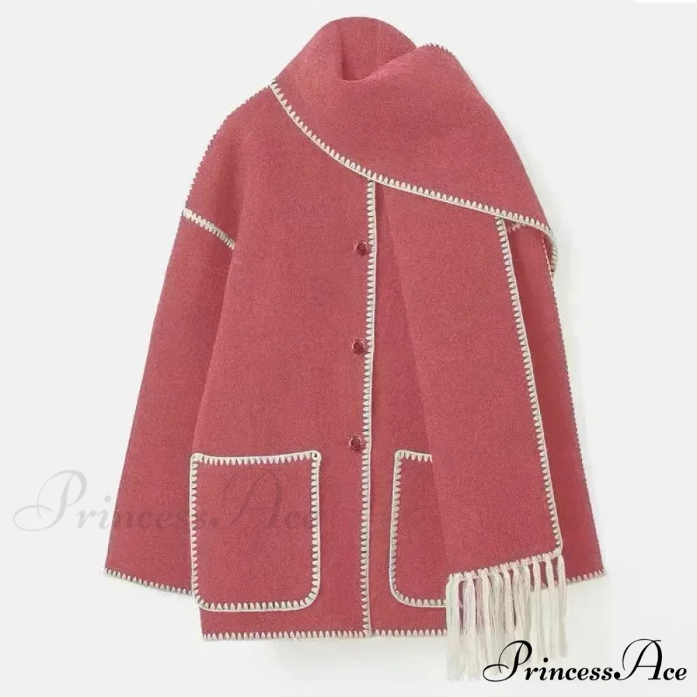 Stylish Woolen Coat With Scarf Fringes Overcoat - Image 5
