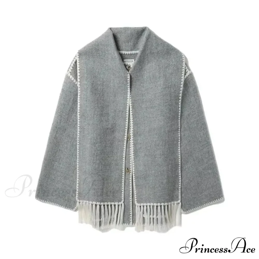 Stylish Woolen Coat With Scarf Fringes Overcoat - Image 6
