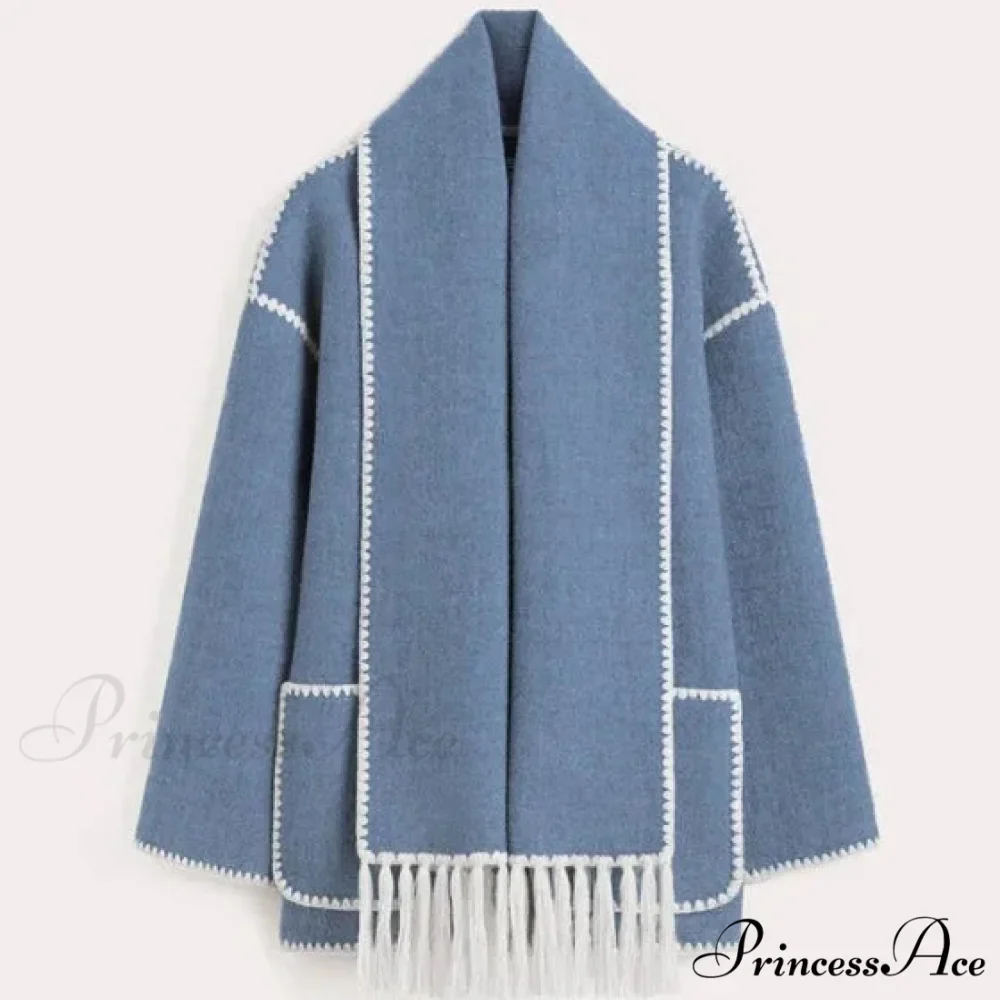Stylish Woolen Coat With Scarf Fringes Overcoat - Image 7
