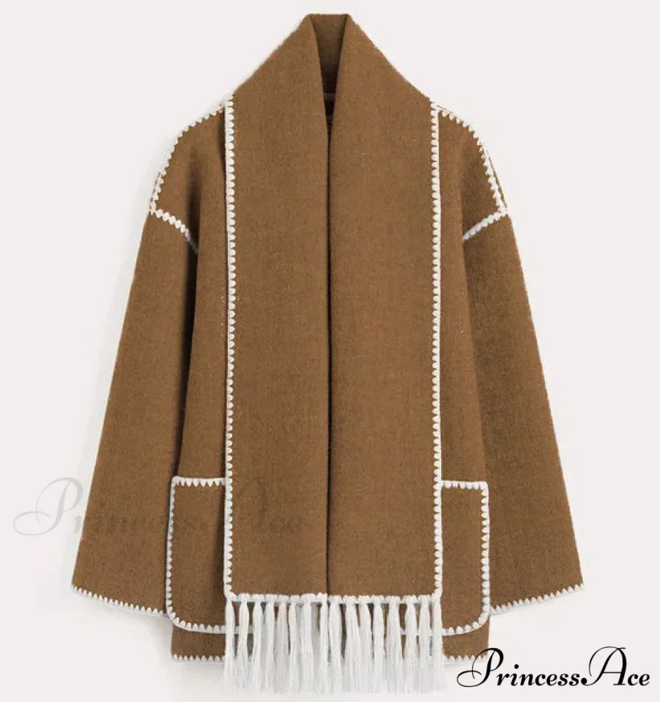 Stylish Woolen Coat With Scarf Fringes Overcoat - Image 8