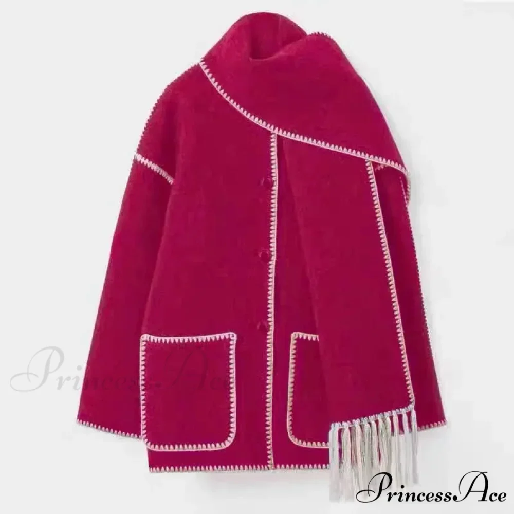 Stylish Woolen Coat With Scarf Fringes Overcoat - Image 9