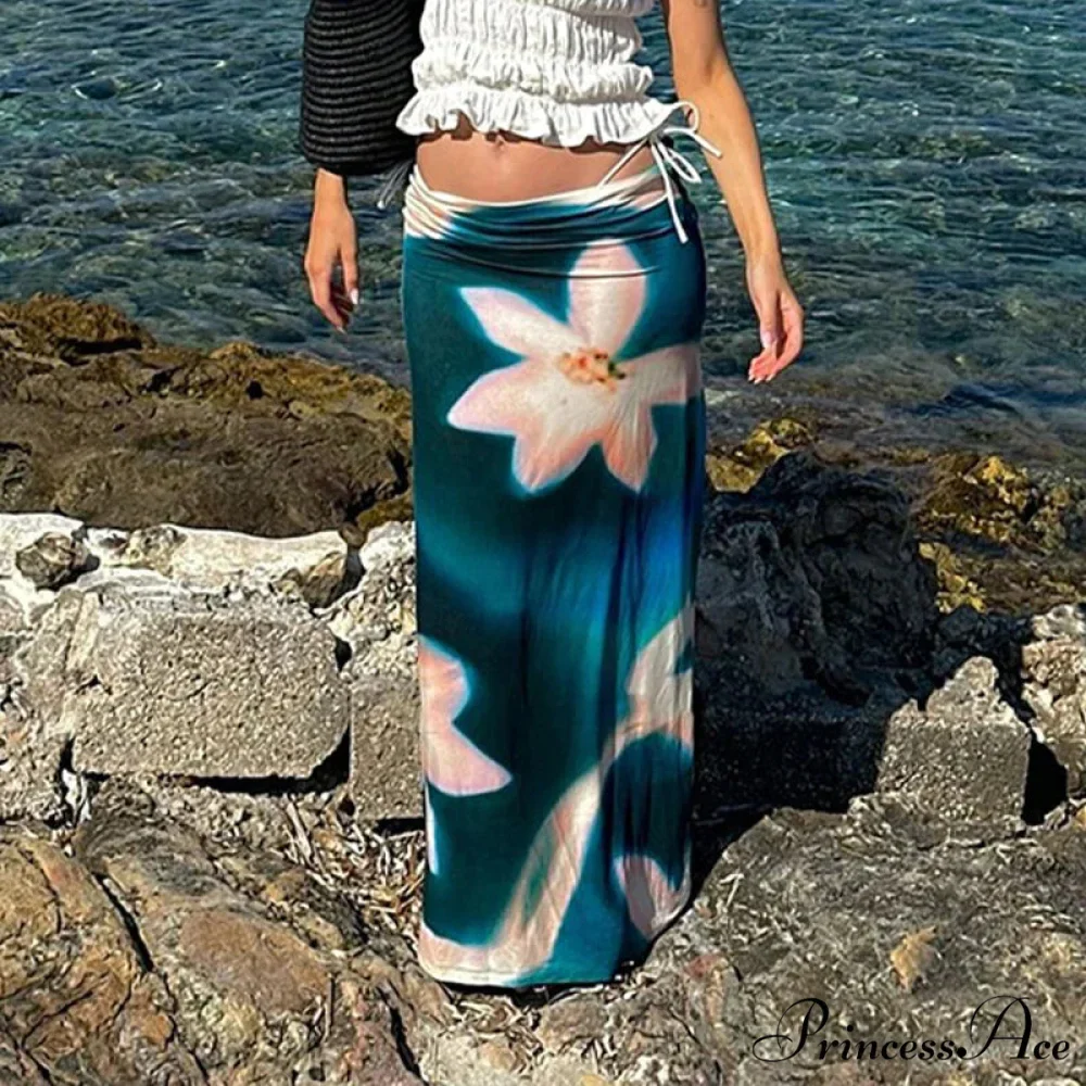 Summer Style Azure Pattern High Rise Maxi Skirt Nightclub Skirt - Image 2