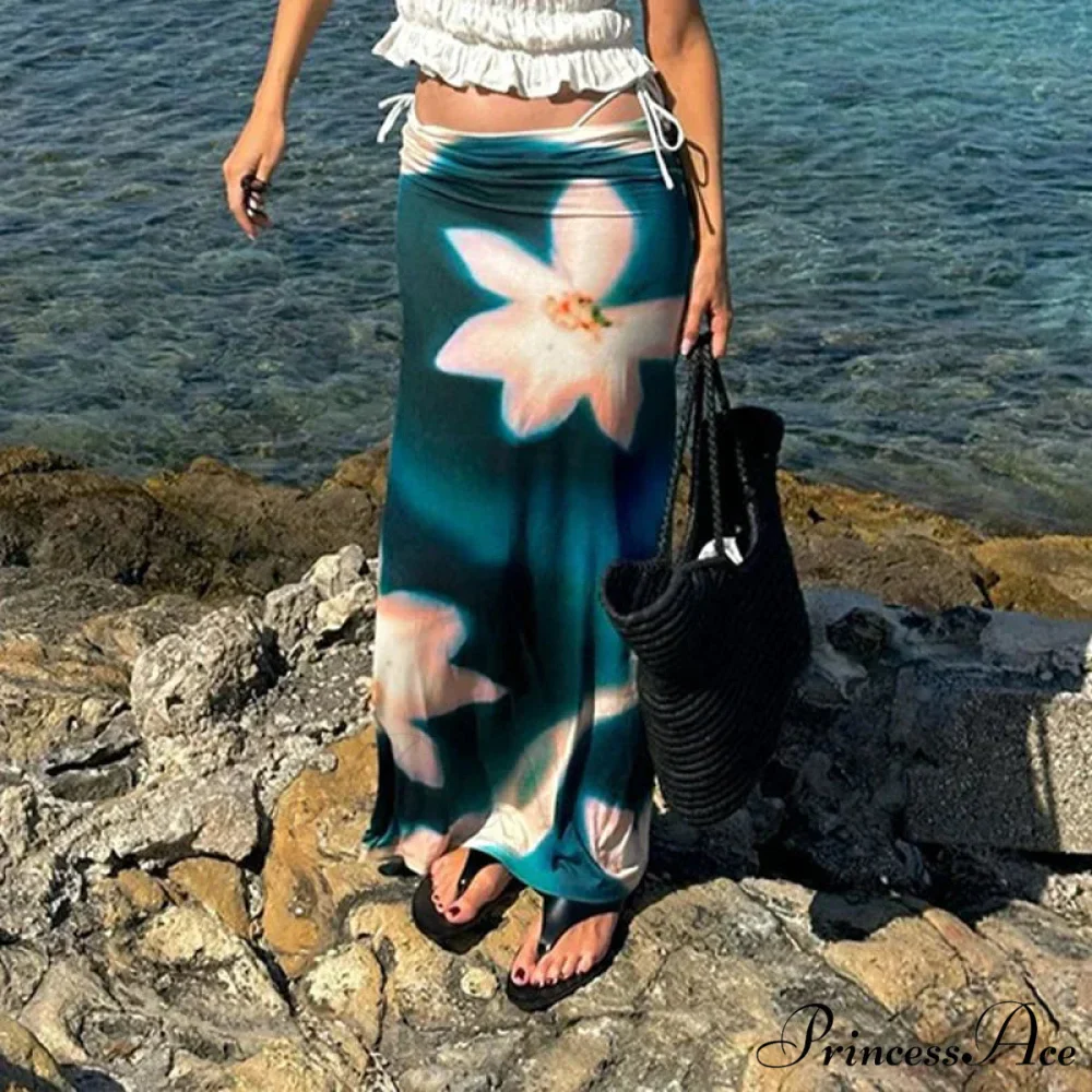 Summer Style Azure Pattern High Rise Maxi Skirt Nightclub Skirt - Image 3