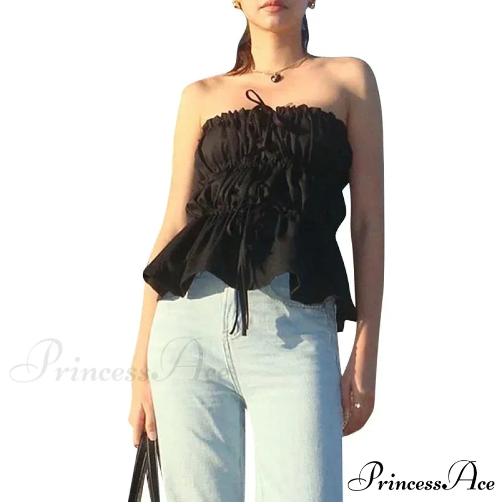 Sweet Gathered Tie Up Off Shoulder Sleeveless Fitted Y2K Strapless Crop Top - Image 4