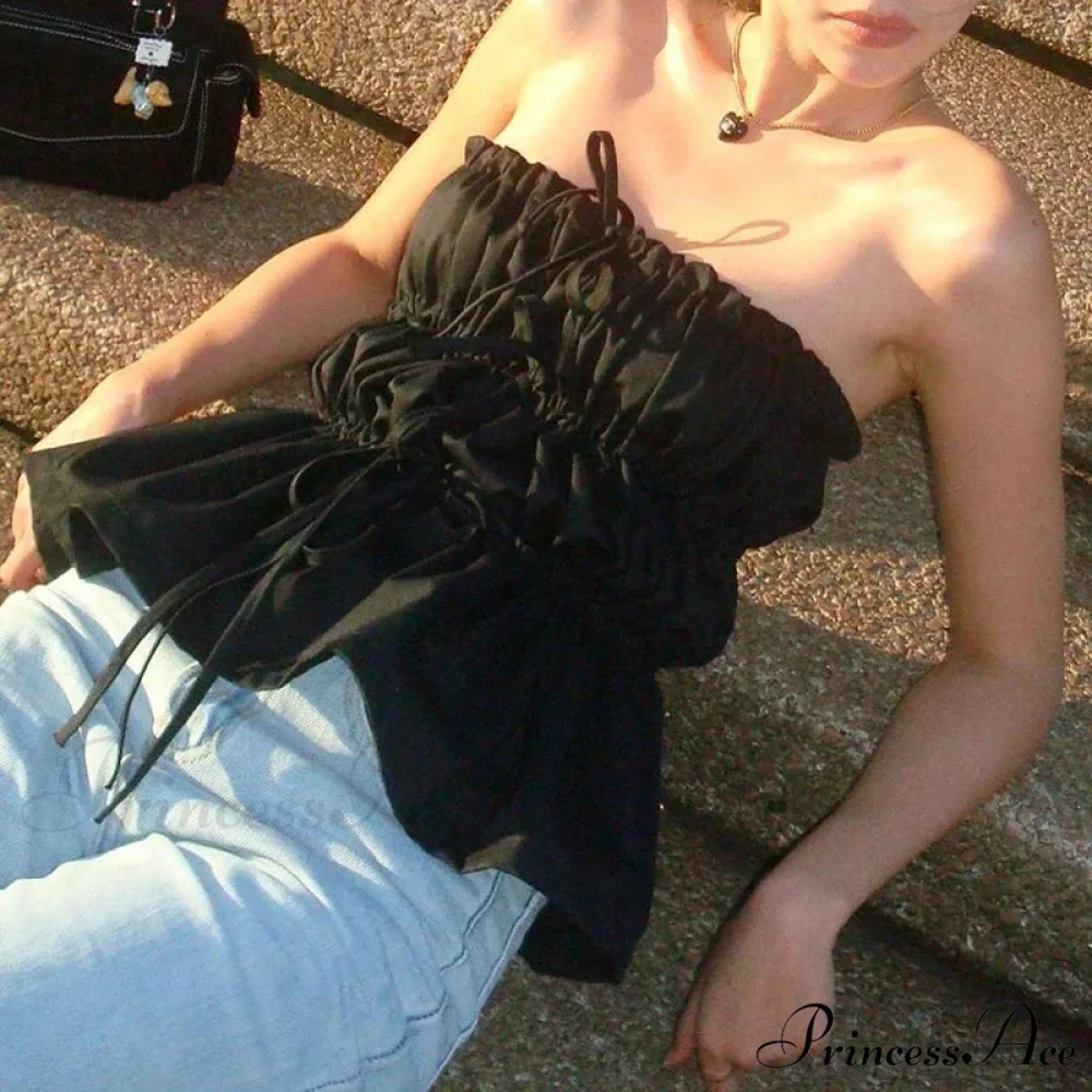 Sweet Gathered Tie Up Off Shoulder Sleeveless Fitted Y2K Strapless Crop Top - Image 6