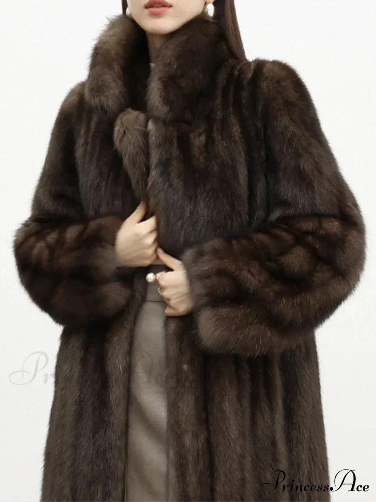 Synthetic Fur Collar Pit Material Draped Overcoat - Image 4