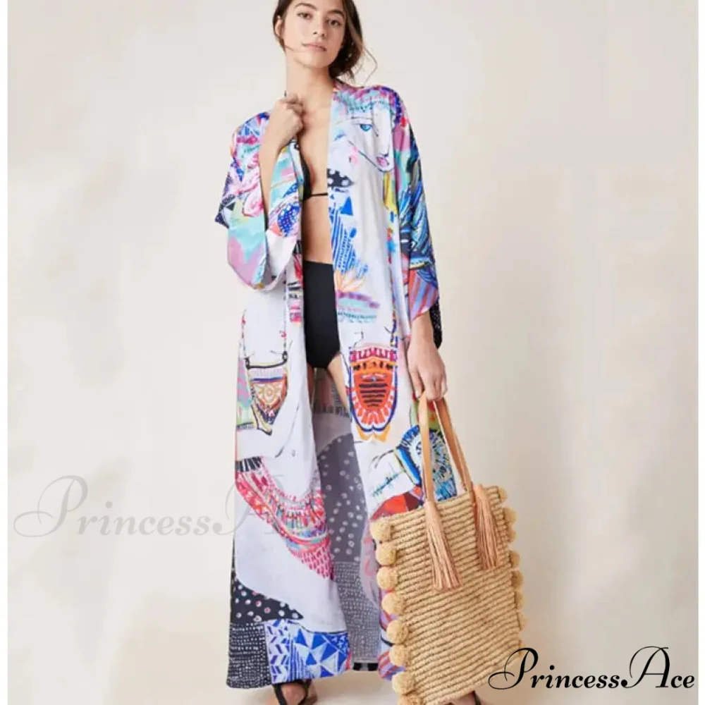 Synthetic Pop Printed Bohemian Kimono Swimsuit Cover up - Image 2