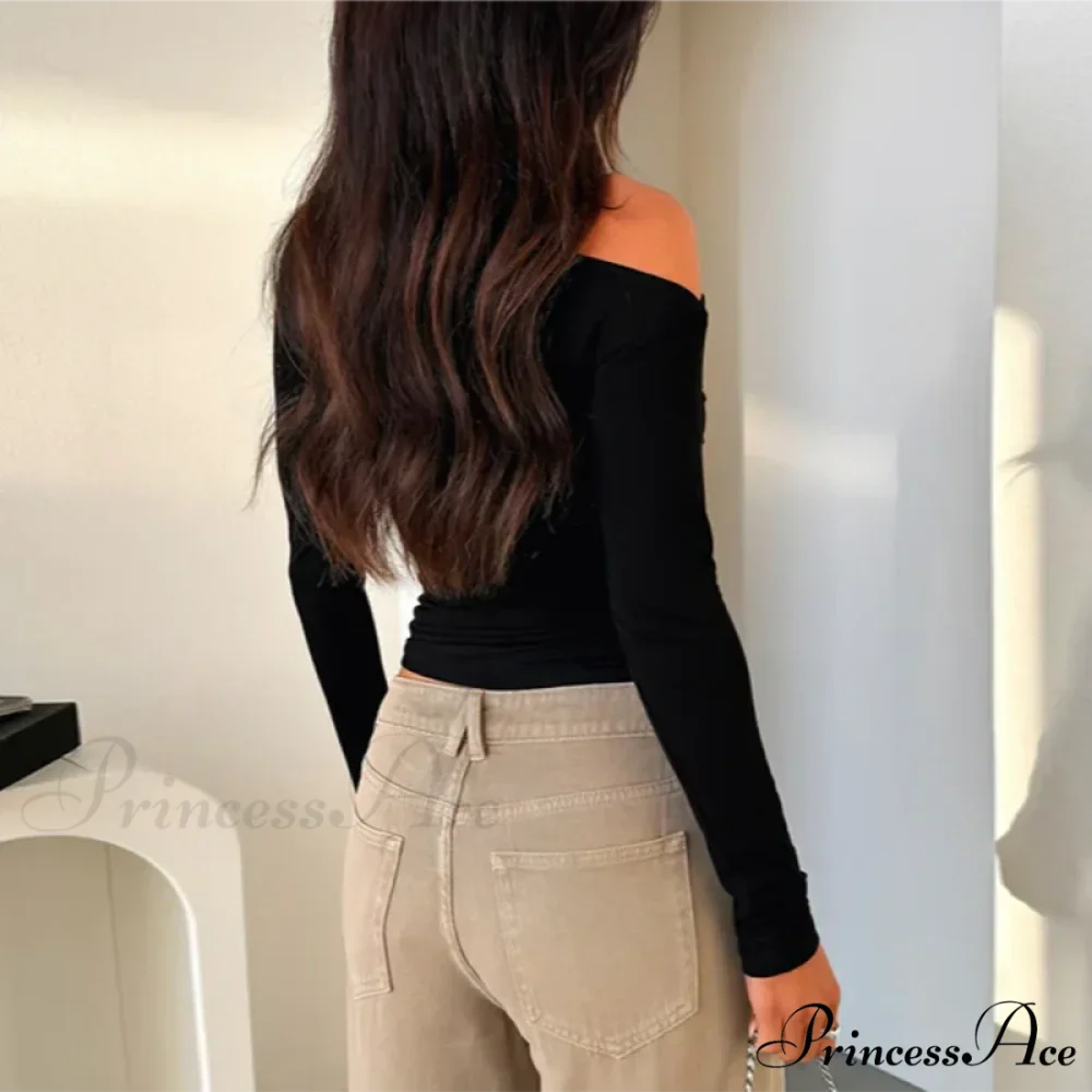 Tailored Style Informal Bateau Neck Off Shoulder Trim Crop Knit Top - Image 2