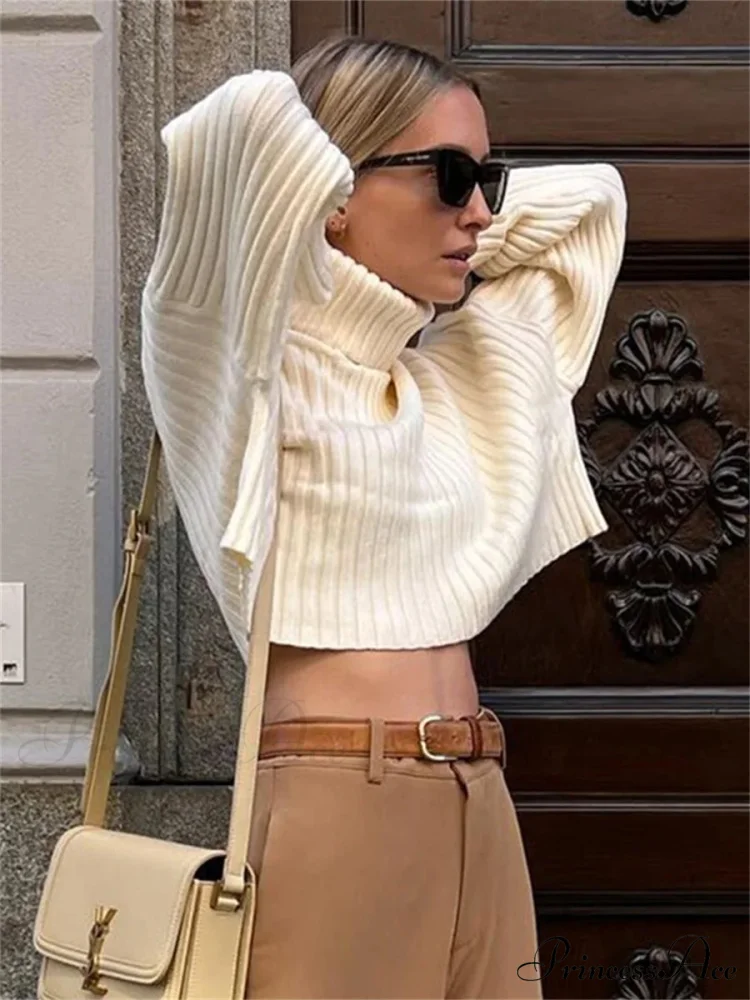 Tall Collar Ribbed Shortened Sweater - Image 4