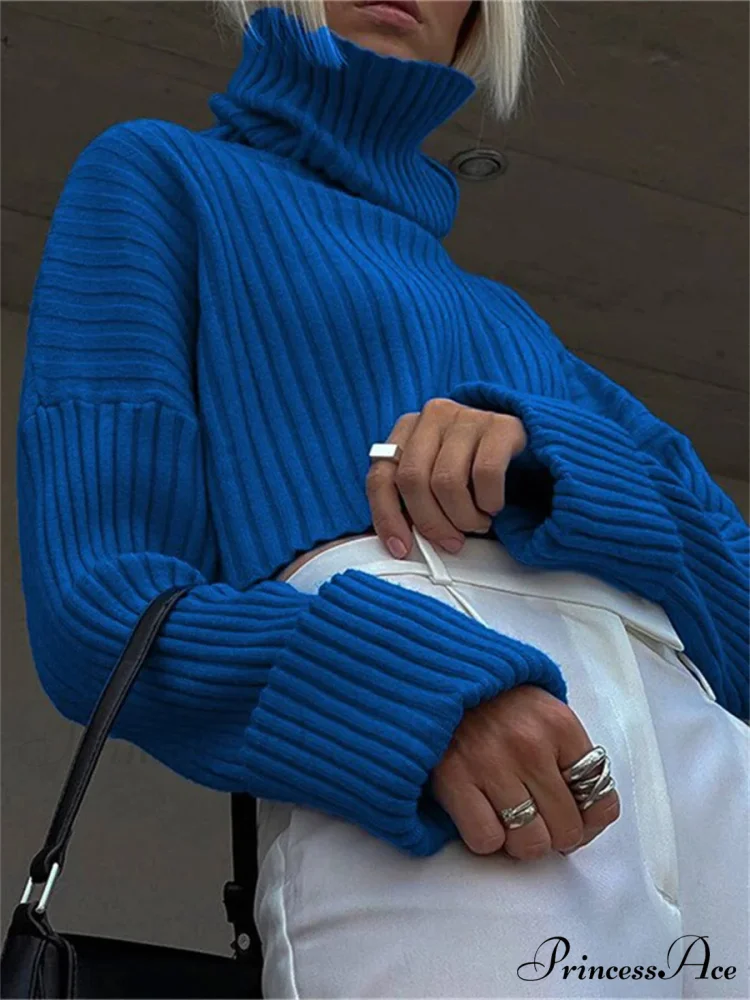 Tall Collar Ribbed Shortened Sweater - Image 6