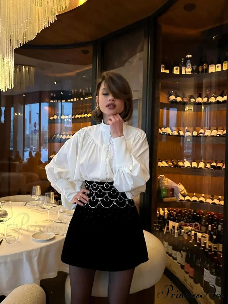 Tall Collar Tuck Puff Sleeve Ivory Blouse - Image 3