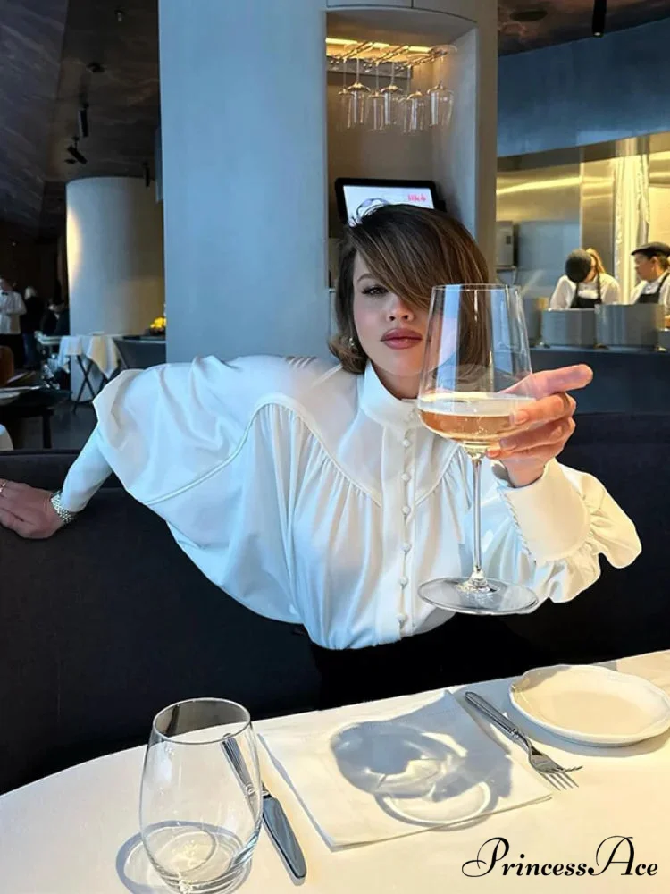 Tall Collar Tuck Puff Sleeve Ivory Blouse - Image 4