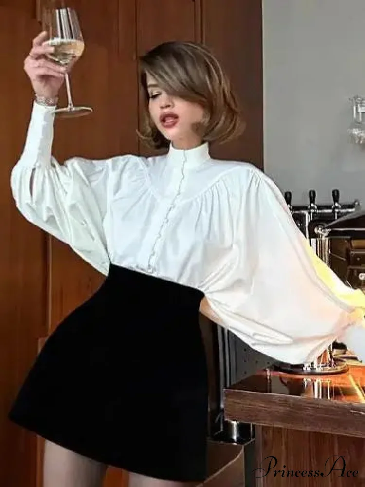 Tall Collar Tuck Puff Sleeve Ivory Blouse - Image 7